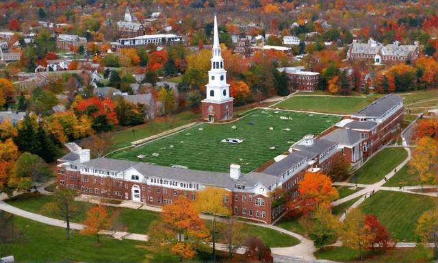 Dartmouth College campus scenic view with historic buildings and lush green surroundings.