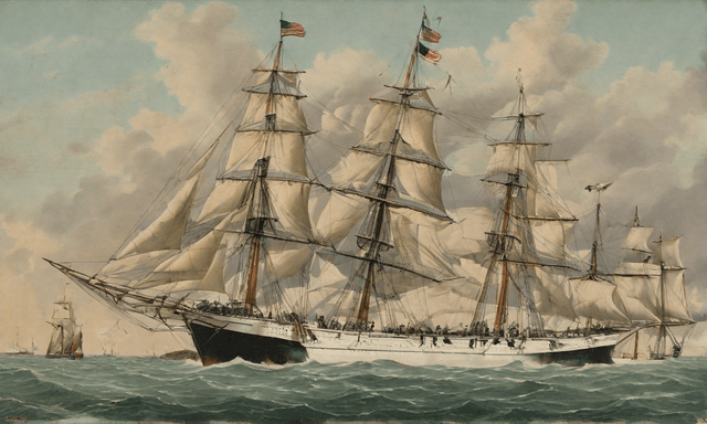 A depiction of maritime and transportation history, showcasing ships, trains, and historical landmarks.