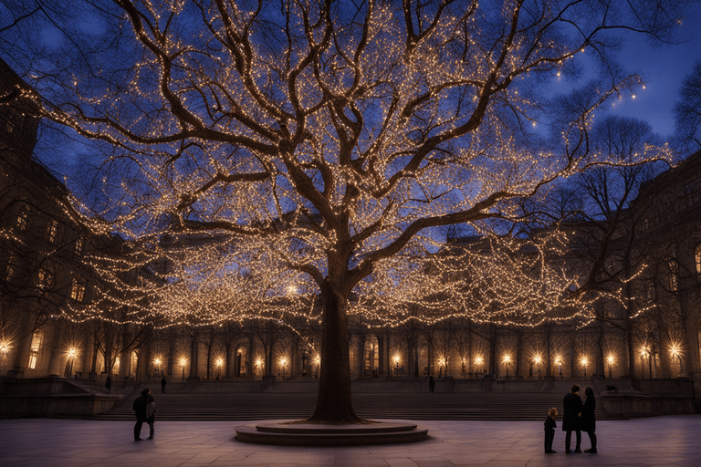 An enchanting tree illuminated with dazzling lights, creating a mesmerizing and magical nighttime display.