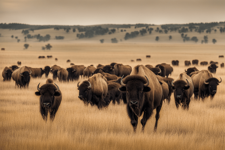 Massive buffalo herds roam the open plains in a majestic display of American wildlife.