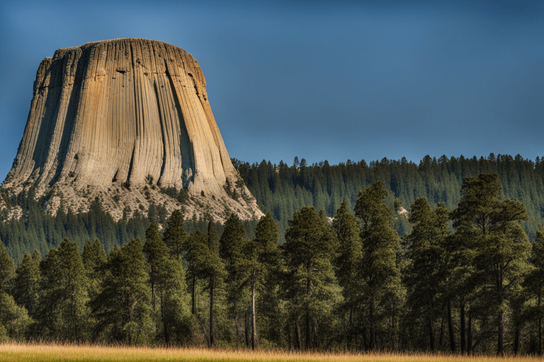 Devils Tower, a striking geological wonder, rises majestically from the Wyoming landscape
