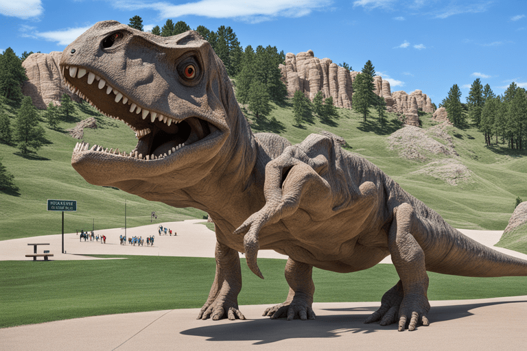 Dinosaur Park in South Dakota features life-sized dinosaur sculptures set against stunning natural landscapes