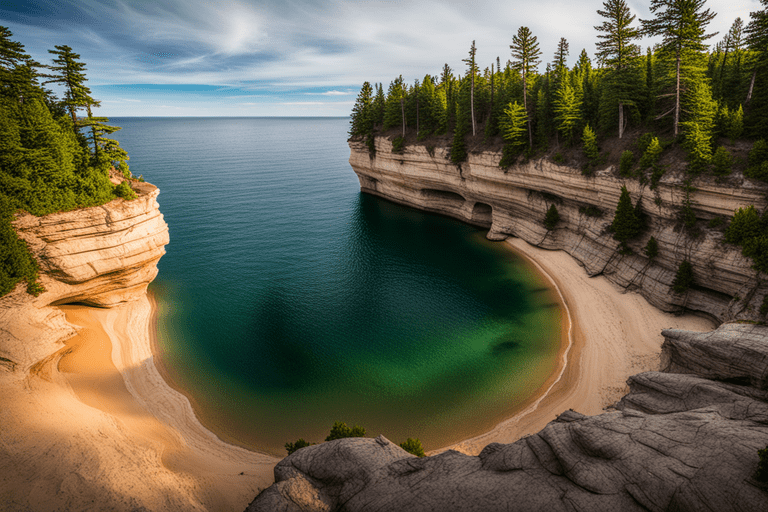 Rock formations along the shoreline at Pictured Rocks National Lakeshore.