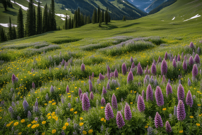 Blooms adorn alpine meadows, painting nature's canvas with vibrant hues in Glacier's wildflower spectacle.