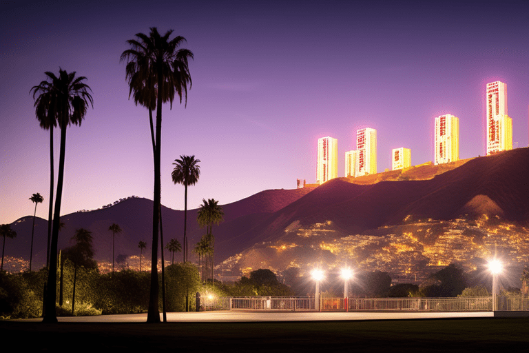 Hollywood Sign lit up at night with 4,000 bulbs, each illuminating a letter.