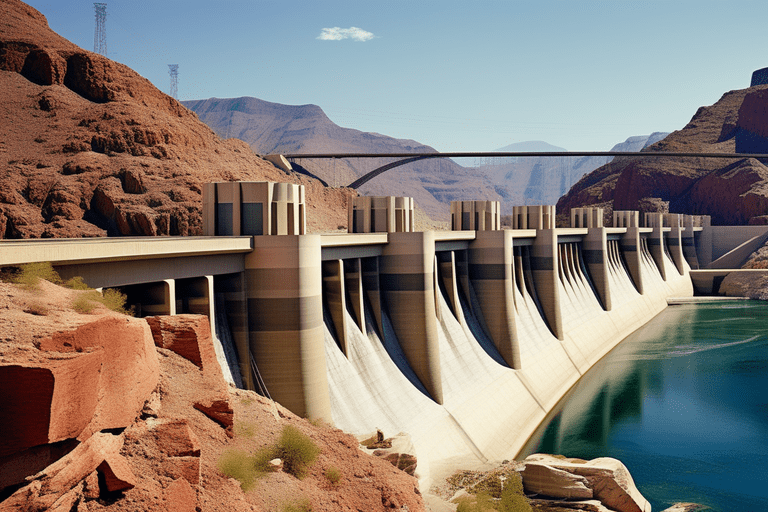 Hoover Dam controls floods, generates hydroelectric power, and supplies irrigation water across the Colorado River.