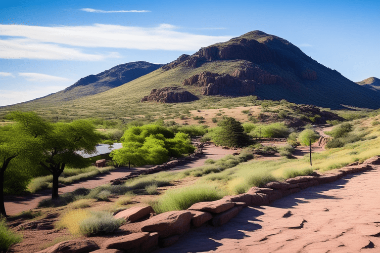 Scenic landscape with hiking trails and desert vegetation at South Mountain Park, Phoenix Arizona