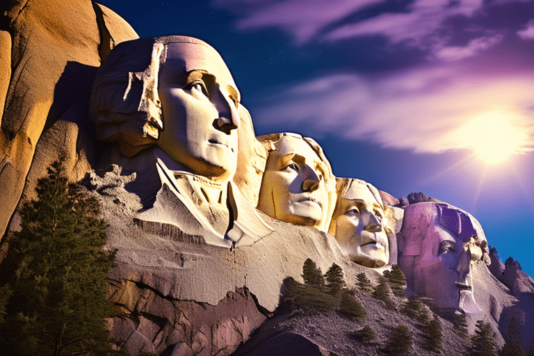 Nighttime glow on Mount Rushmore faces.